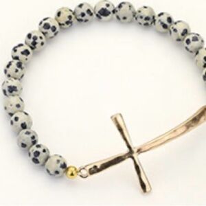 Dalmatian Jasper Beaded Bracelet with Gold Cross